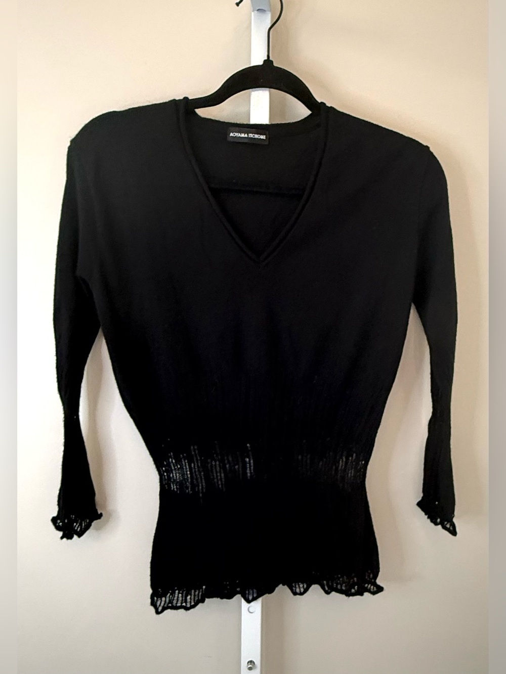Aoyama Itchome Black V-Neck Sweater Long Sleeve Lace Hem Japanese Designer